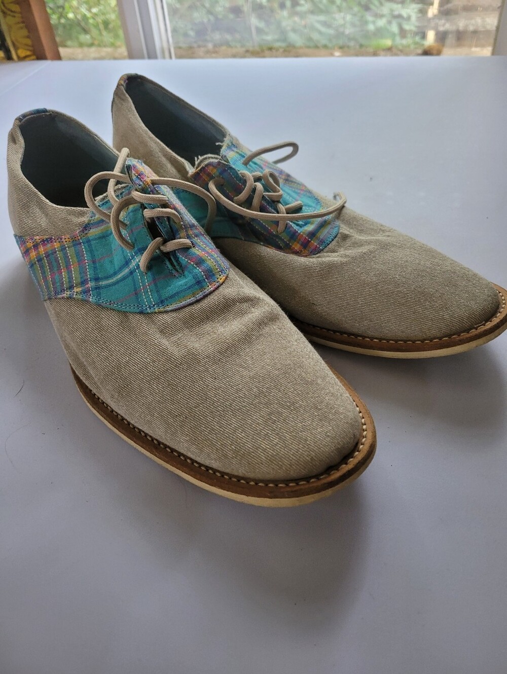 Giorgio Brutini 10.5 Beige Canvas Oxfords Teal Plaid Yacht Prep